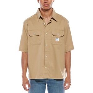 HUGO Boss Shirt Men's Small Tan Khaki Cotton Twill Short‎ Sleeve Utility NEW